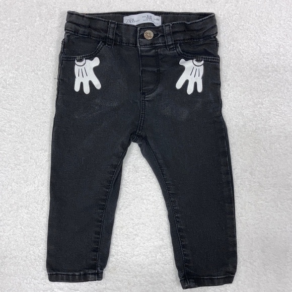 Zara Disney black denim jeans Minnie Mouse hands and bow skinny size 9/12m - Picture 1 of 9
